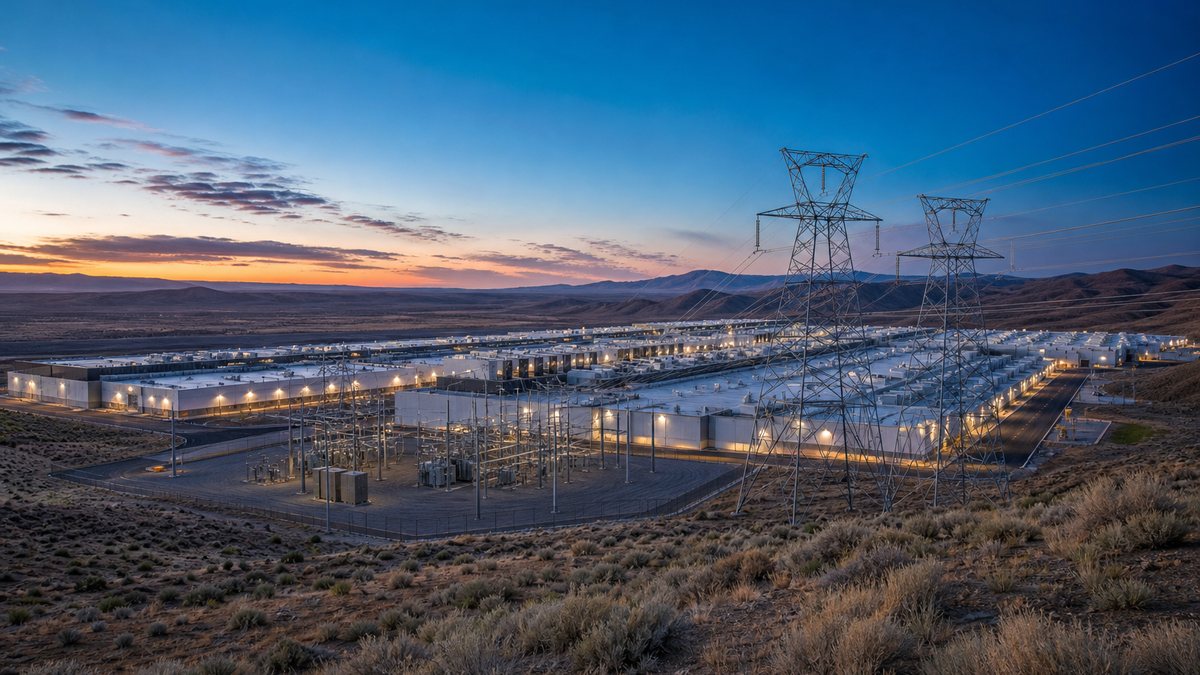 A large data center campus with transmission lines in the Northern Nevada high desert at blue hour