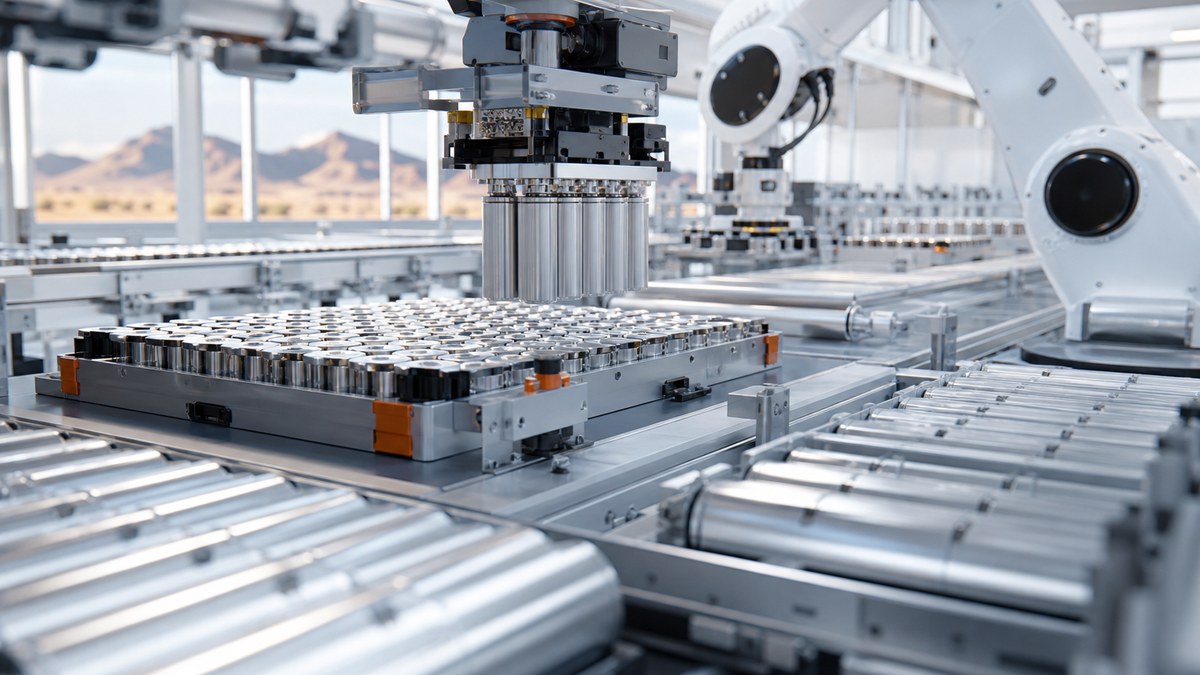 Robotic production line assembling large cylindrical lithium-ion battery cells inside a bright modern factory
