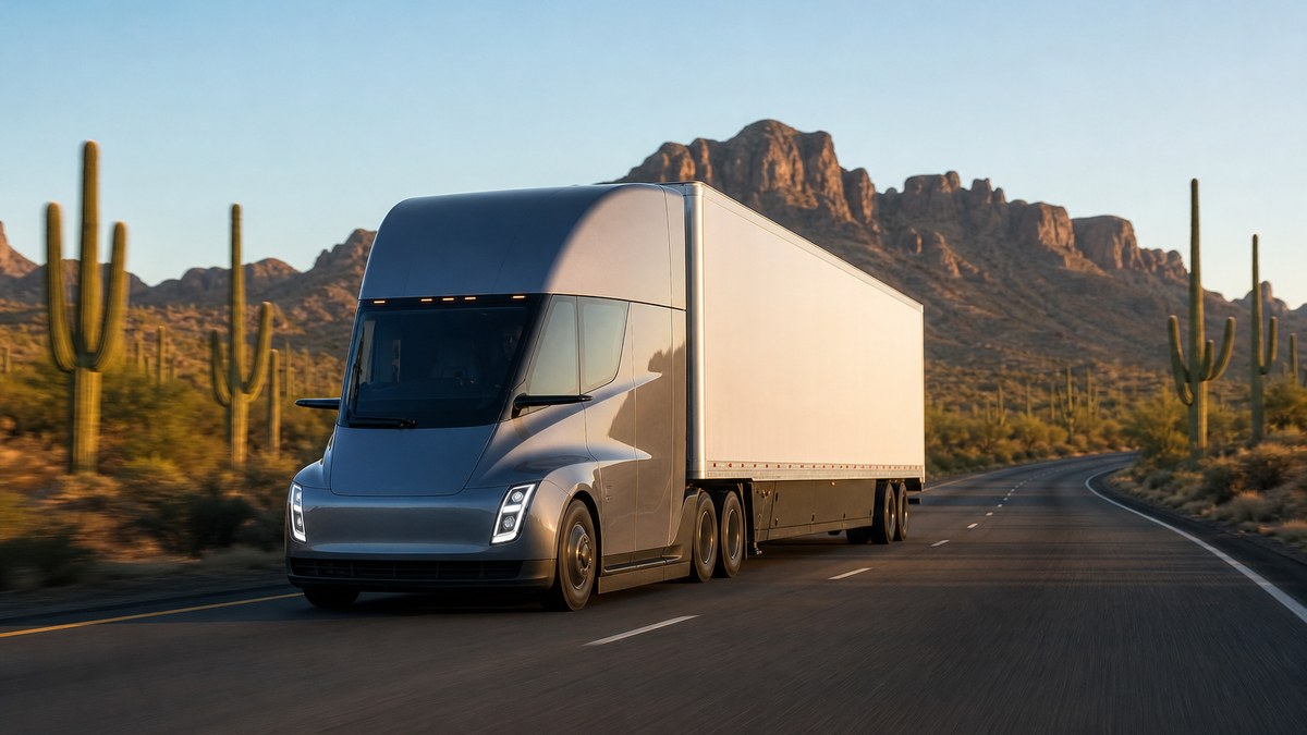 An electric semi-truck driving on a desert interstate between saguaro cacti near Phoenix at golden hour