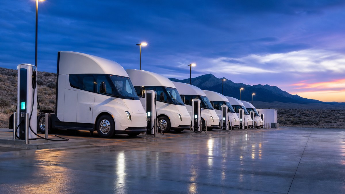 Electric semi-trucks charging at a megawatt charging depot in the Nevada high desert at blue hour