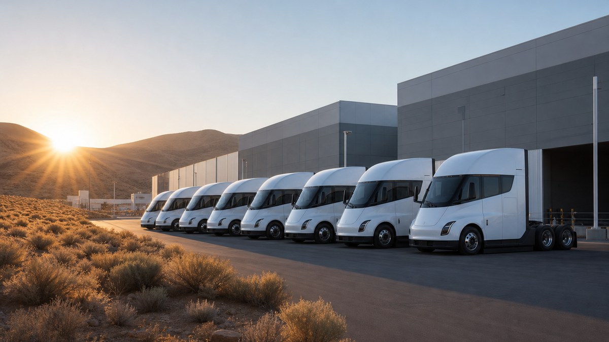 Electric semi-trucks lined up at a factory in the Nevada high desert at sunrise