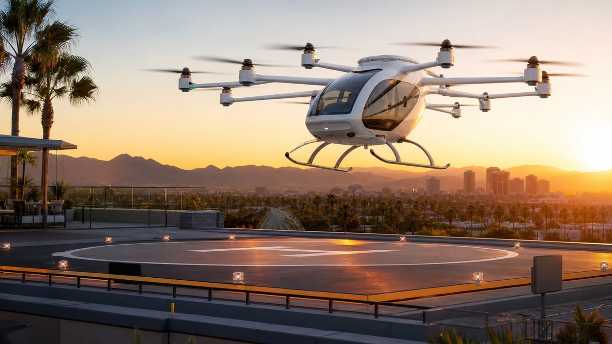 An electric air taxi with multiple rotors landing on a rooftop vertiport above a desert city at sunset
