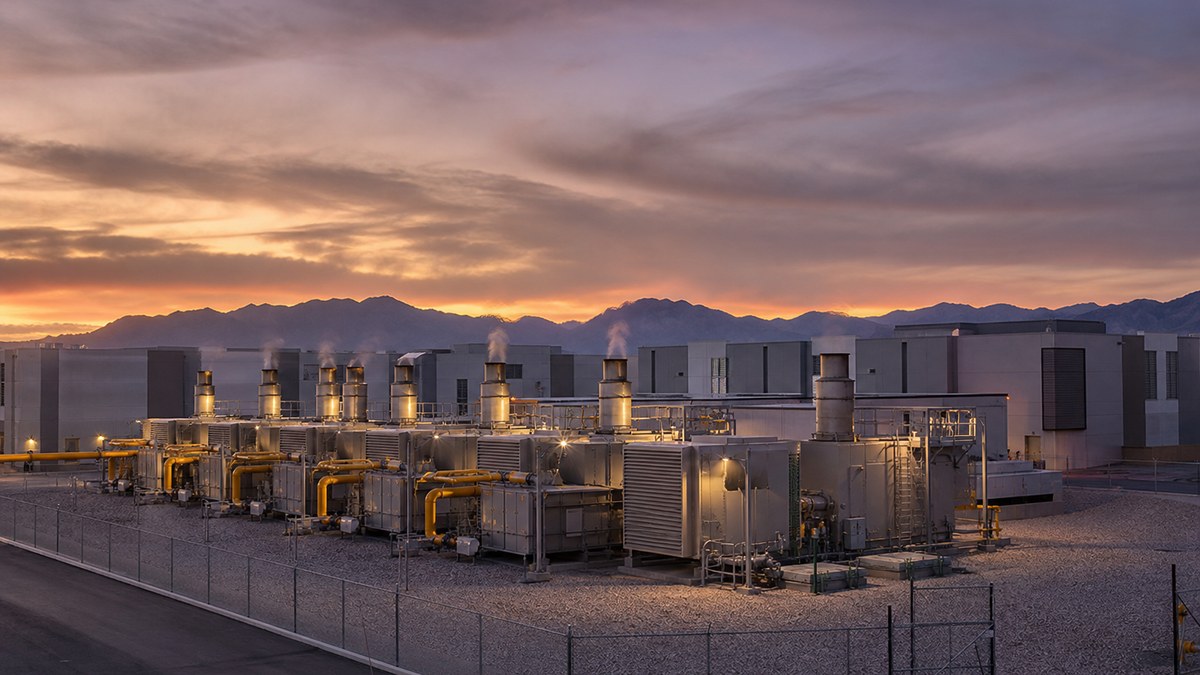 A row of natural gas turbine units beside large data center buildings in the Nevada desert at dusk