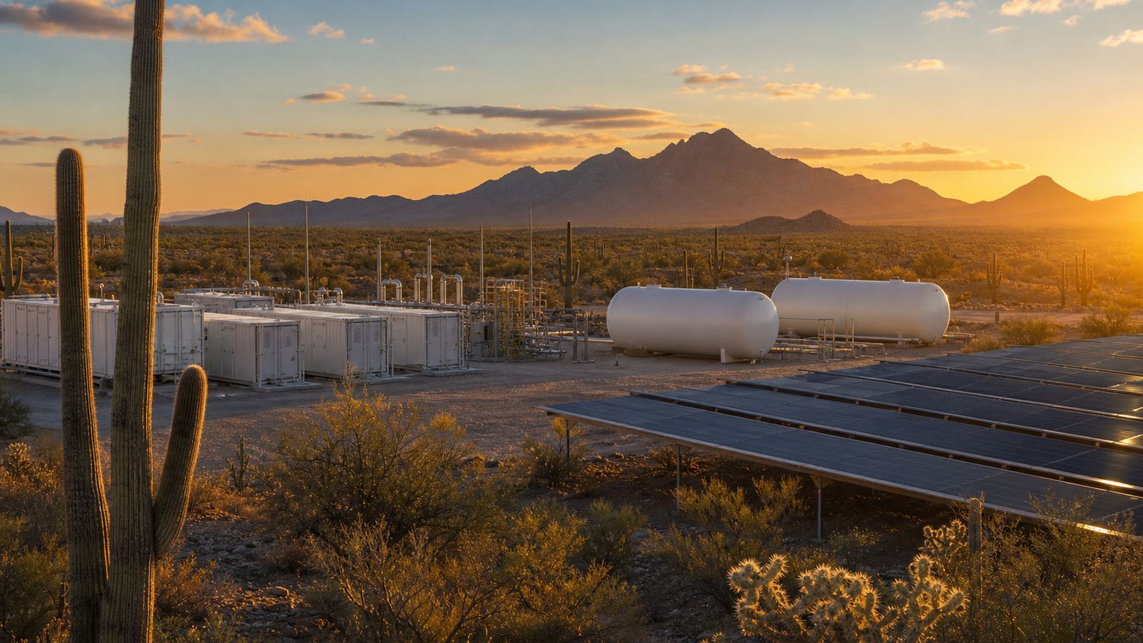 Illustration: green hydrogen production beside solar in the desert