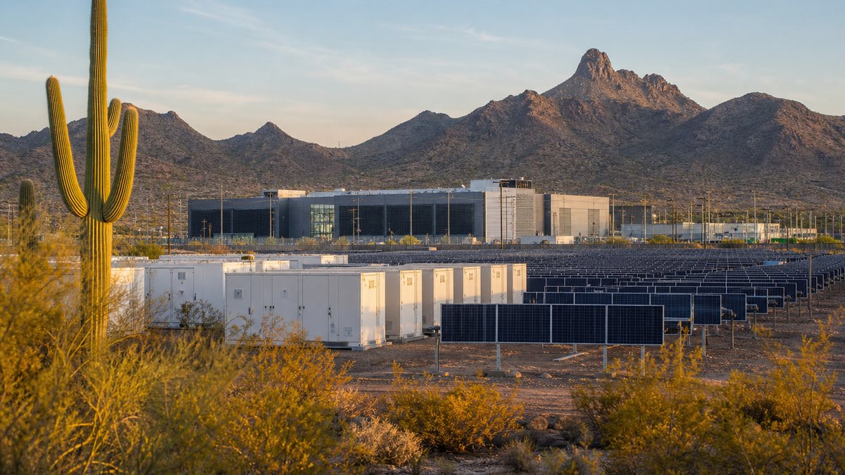 Solar panels and battery storage containers near a data center outside Phoenix with saguaro cactus at golden hour