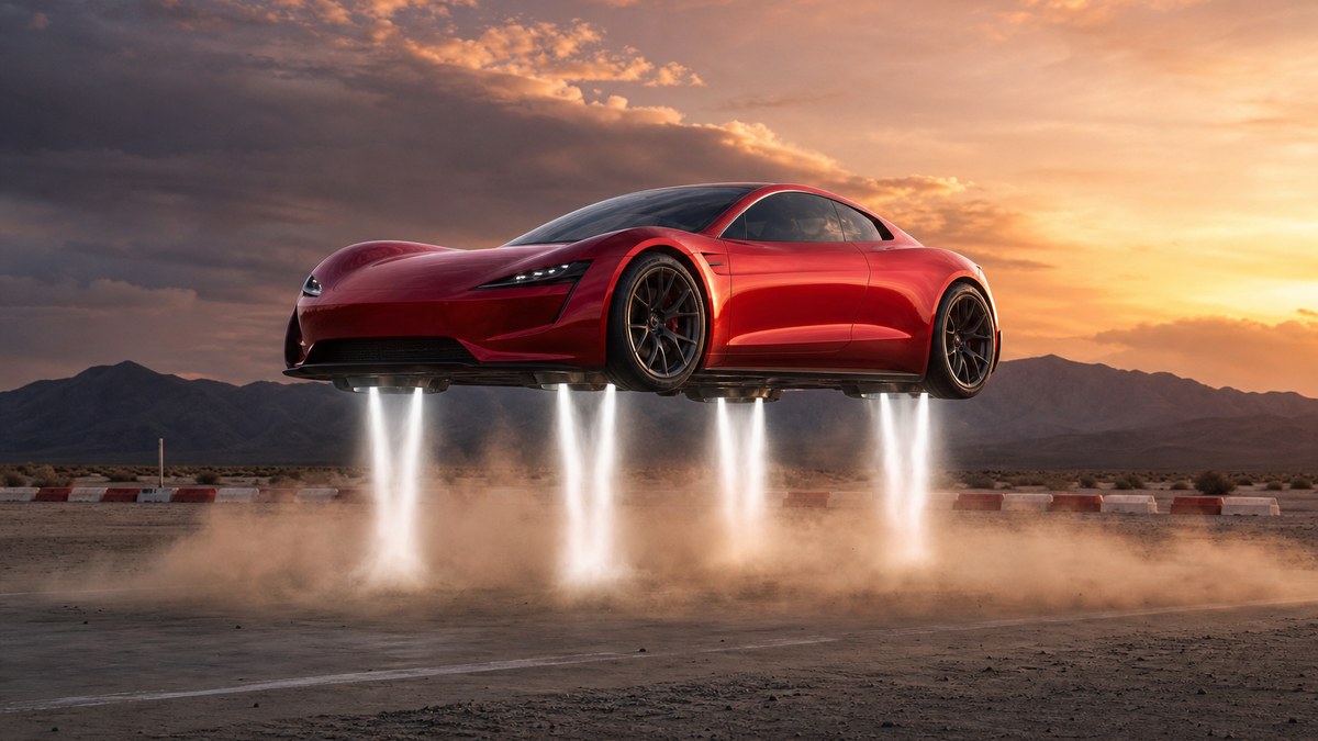 A red electric sports car hovering briefly above a desert test track on jets of air at dusk