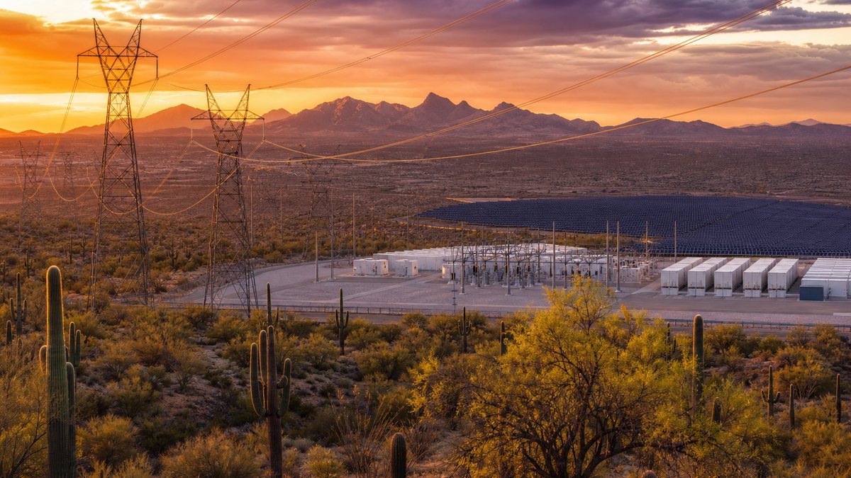 High-voltage transmission lines crossing the Sonoran Desert toward a large solar and battery storage site at sunset
