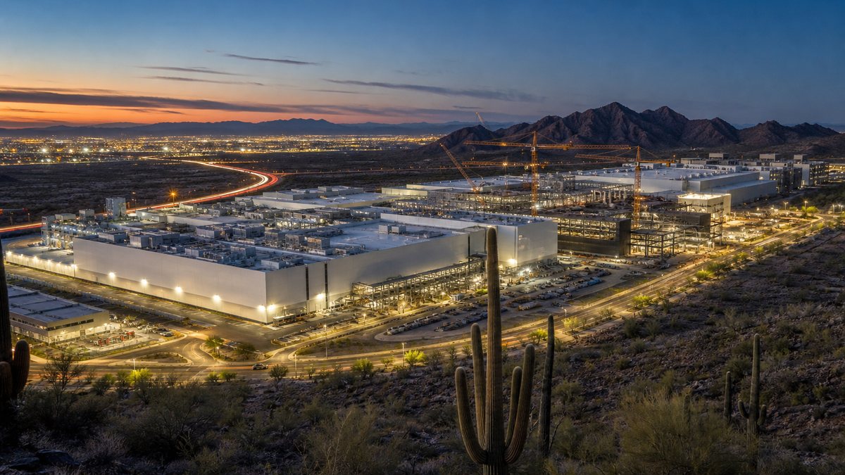 A large semiconductor fab campus in the north Phoenix desert at blue hour with construction cranes and mountains behind